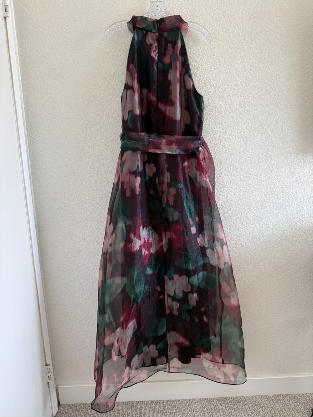 R&M Richards Plum Floral Halter Tie High-Low Organza Feel Maxi Dress - Picture 3 of 16